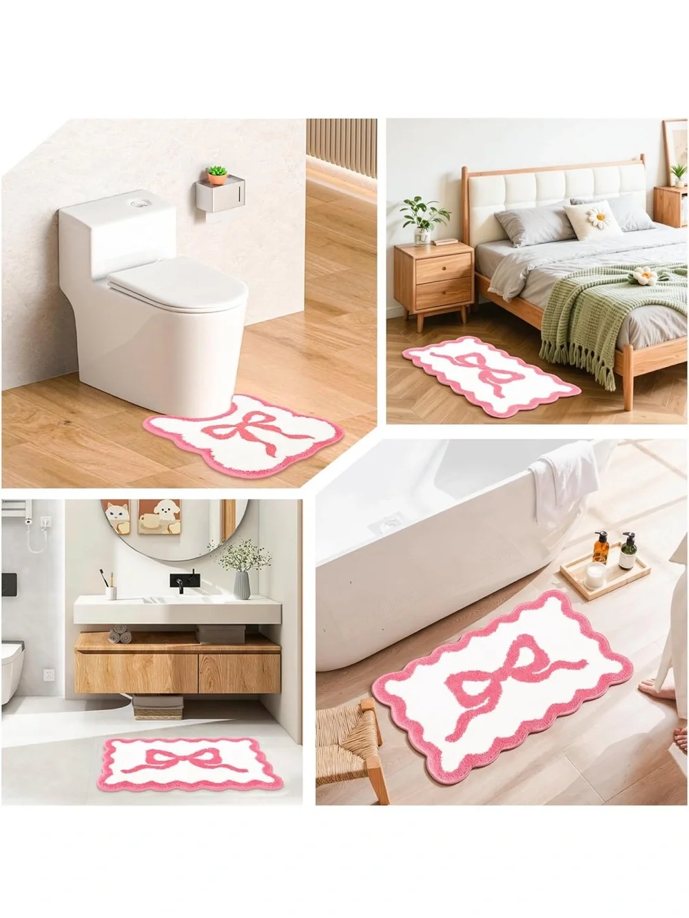 New Pink Bow Bathroom Rug Mat Set 3 Piece, Microfiber Shaggy Bath Set, Non-Slip